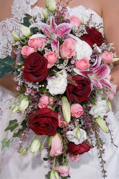 Traditional Cascade Bridal Bouquet Of Pink Roses Pink Heather