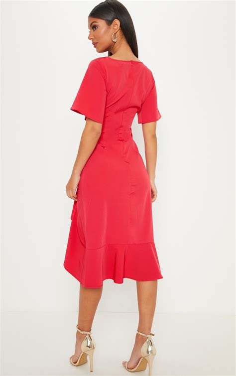 Red Short Sleeve Ruched Midi Dress Dresses Prettylittlething