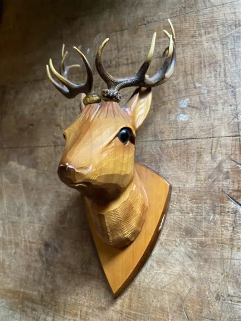 Vintage German Black Forest Carved Wood Stag Deer Head Mount On Plaque