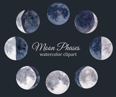 Moon Phases Watercolor Clipart Lunar Cycle Celestial Clip Etsy Clip