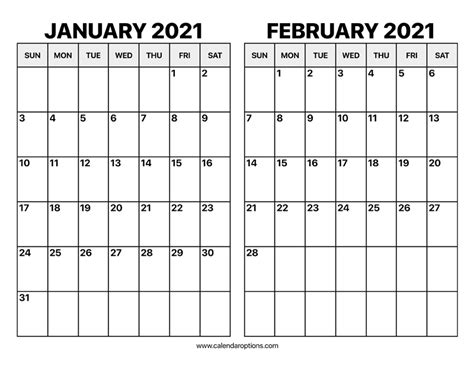 January And February 2021 Calendar Calendar Options