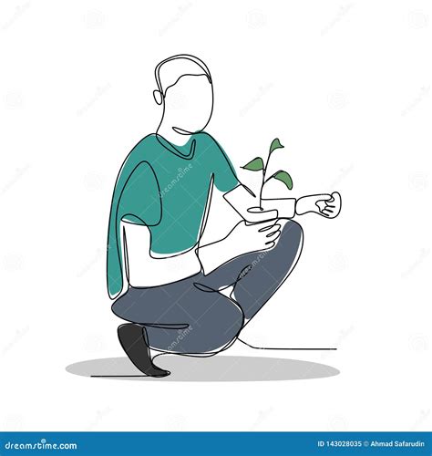 Continuous Line Drawing Of A Man Holding A Plant Stock Vector