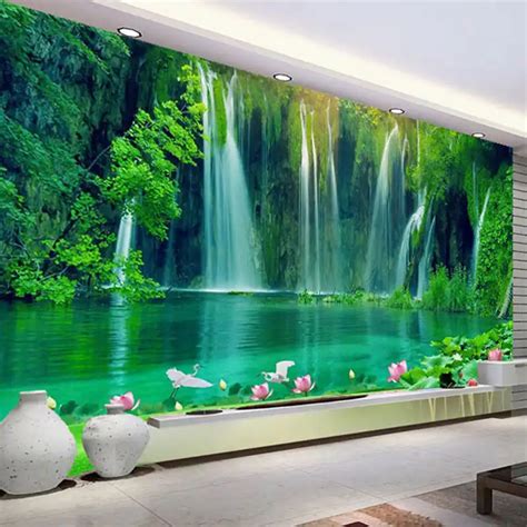 Custom Any Size Green Forest Waterfall Nature Landscape 3d Mural
