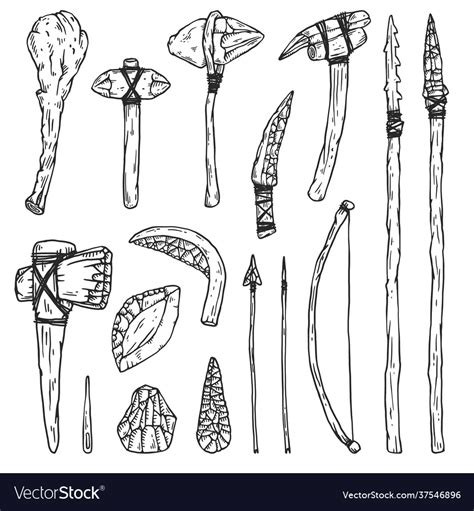 Prehistoric Stone Age Tools And Weapon Set Sketch Vector Image