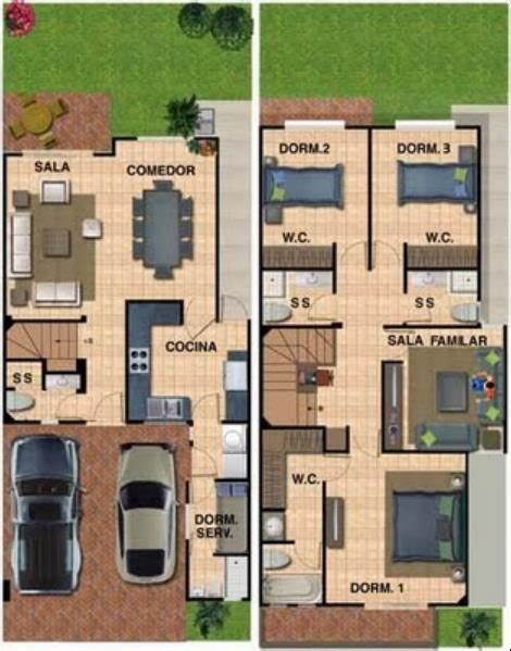 Plano De Casa Moderna En 2 Pisos Y 3 Dormitorios