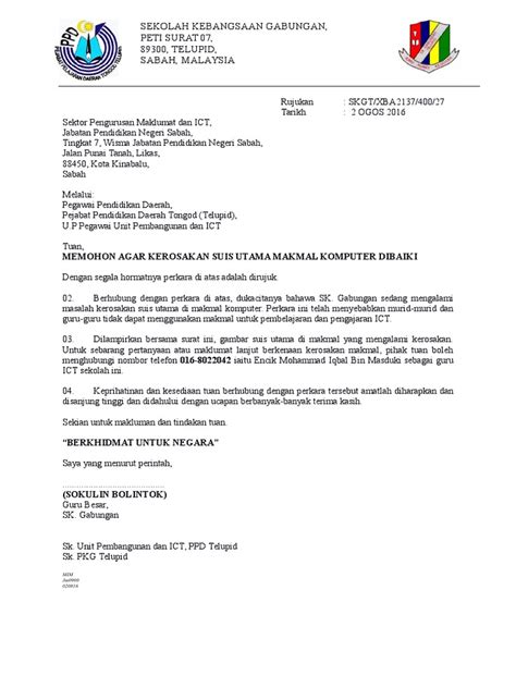 Contoh surat laporan aduan kerosakan kotasurat.com via kotasurat.com. Surat Aduan Kerosakan Makmal 2016