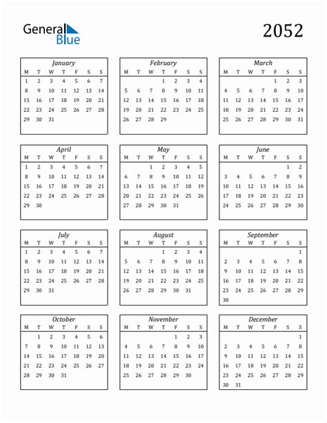 2052 Calendar With Monday Start