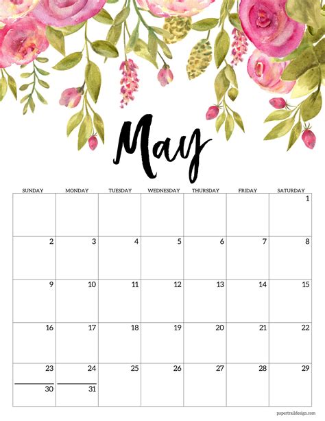 May 2021 Floral Calendar Page With Pink Flowers Girly Calendar Cute
