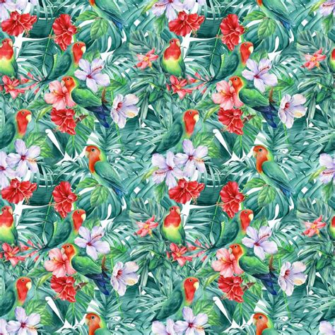 Seamless Pattern Of Tropical Leaves Flowers And Lovebirds Parrots