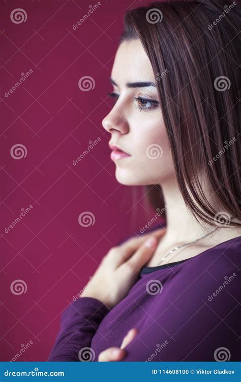 Close Up Profile Portrait Of Young Beautiful Woman Stock Photo Image