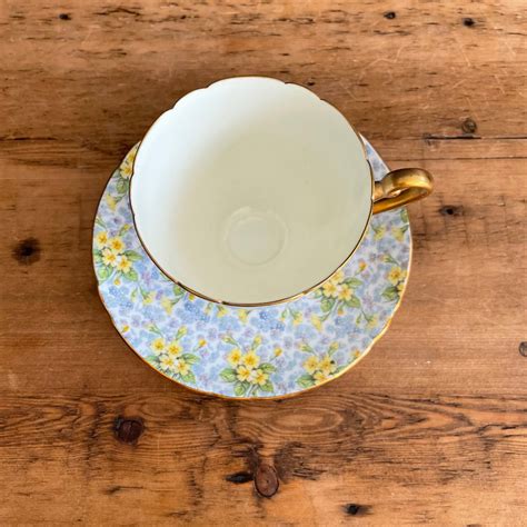 Vintage Shelley Primrose Chintz Gold Handle Ripon Teacup And Saucer Etsy
