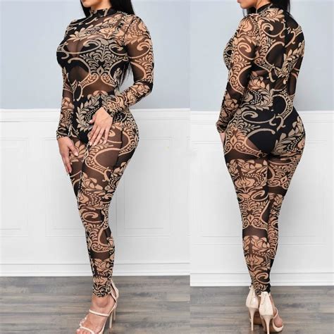Women Sexy Exotic Bodysuit Mesh Positioning Digital Printing Jumpsuit Perspective Clairvoyant