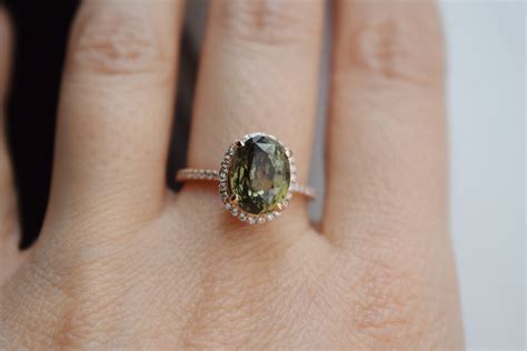 Olive Green Sapphire Engagement Ring Rose Gold Engagement Ring Green
