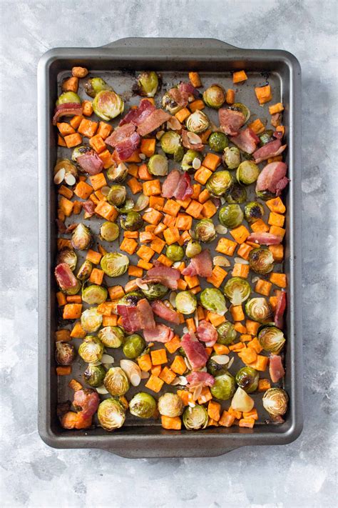 Onion, chestnuts, salt, stock, pepper, smoked bacon, smoked bacon. Easy Roasted Brussels Sprouts with Sweet Potato, Bacon ...
