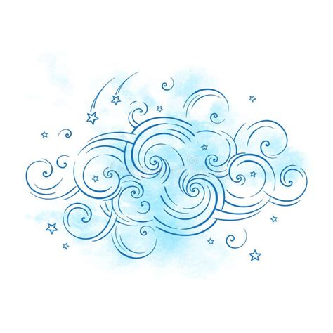 Blue Dream Cloud And Shooting Stars Boho Doodle Isolated Vector Stock