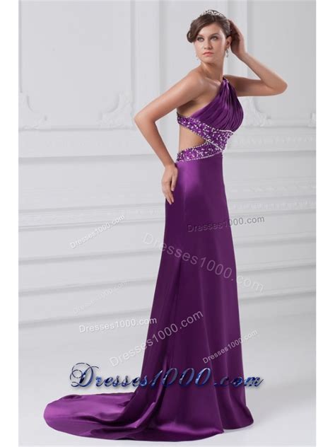 Sexy Purple One Shoulder Elastic Woven Satin Evening Dress Purple Prom Dresses