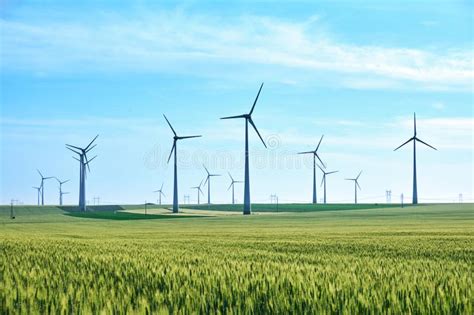 Turbinas Eólicas E Cores Vívidas Do Campo De Trigo Verde Na Primavera Em Um Céu Azul Fim Da