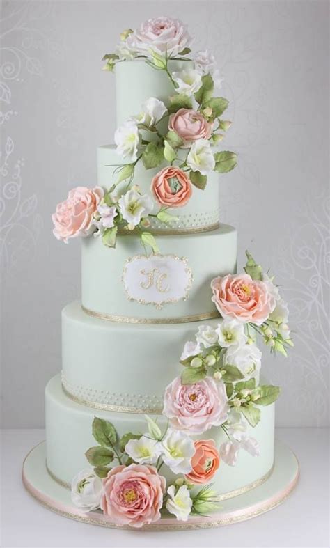 Floral painted wedding cake a refined take on simple white wedding cakes. Pastel Green Floral Cake (With images) | Colorful wedding ...