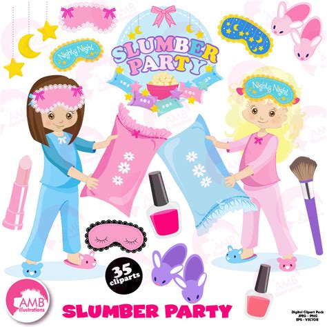 slumber party girls sleep over pyjama party clipart birthday party clipart commercial use