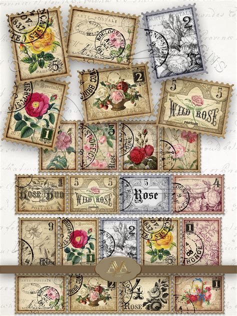 Rose Stamps Faux Printable Digital Download Vintage Rose