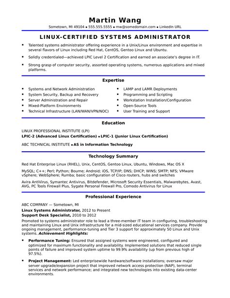 Sample Resume For A Midlevel Systems Administrator