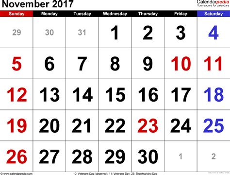 November 2017 Calendars For Word Excel Amp Pdf