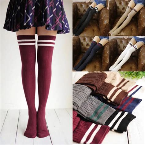new arrivals women girl stripe stripy striped over the knee thigh high stockings long soft