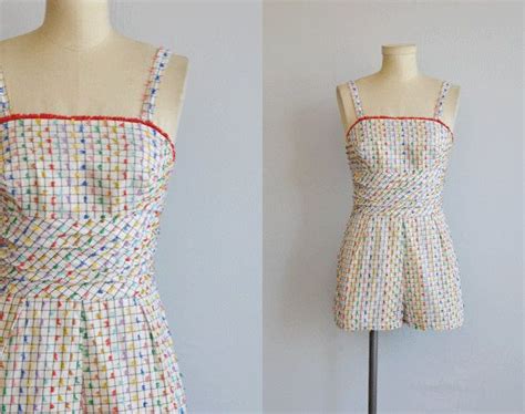 Vintage 1950s Swimsuit 50s Textured Plaid Bathing Suit Play Etsy