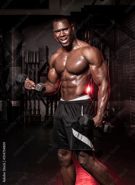 Muscular African American Black Shirtless Sweaty Male Bodybuilding