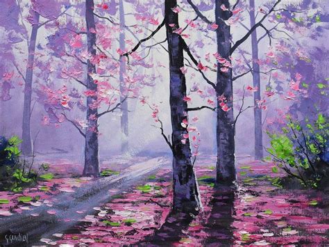 Pink Blossom Trees Woodland Forest Oil Painting Forest Painting