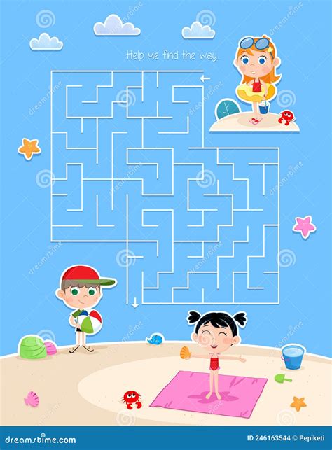 Summer On The Beach Happy Kids Lovely Maze Game Stock