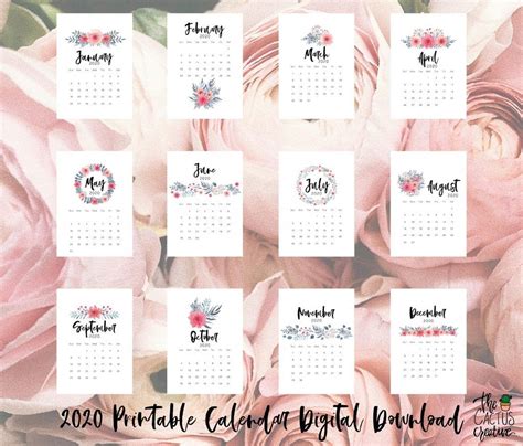 Free 2020 Printable Calendar The Cactus Creative Floral Printables