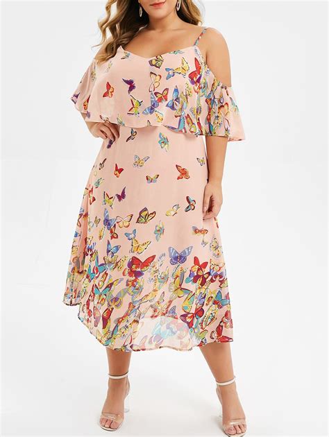 27 Off 2021 Flounce Butterfly Print Plus Size Cold Shoulder Dress In