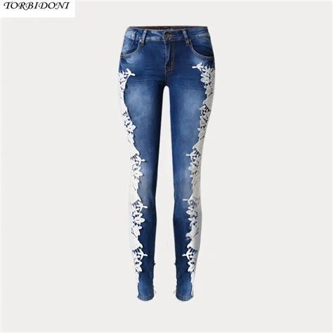 Lace Spliced Hole Jeans New Women Fashion Trousers Lace Splice Both Sides Jeans Low Waist Casual