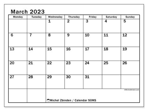 March 2023 Printable Calendar “444ms” Michel Zbinden Za