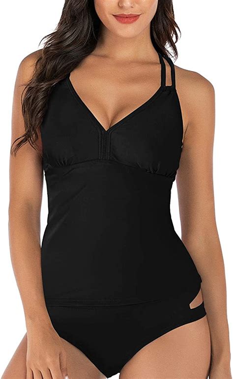 Haivido Womens V Neck Tankini Set Criss Cross Back Tankini Top With Bikini Bottom Two Piece