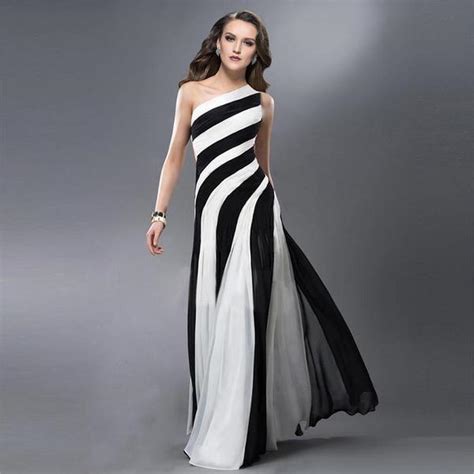 2016 Black And White Striped Prom Dress Sexy One Shoulder Women Party