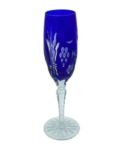 Bohemian Cobalt Blue Cut To Clear Crystal Champagne Flutes Glasses Set