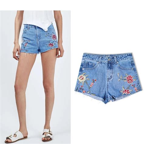 Dzzyfjc Embroidery Shorts High Waist Denim Shorts Summer Fashion Side Slit Flower Pockets Button