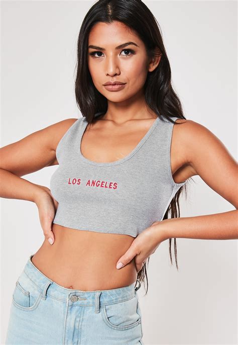 Gray Embroidered Los Angeles Rib Texture Cropped Tank Top Sponsored