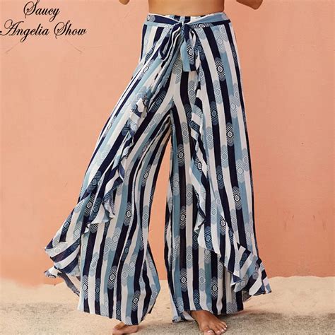 Saucy Angelia Women Long Wide Leg Pants New Vogue Striped Ruffles