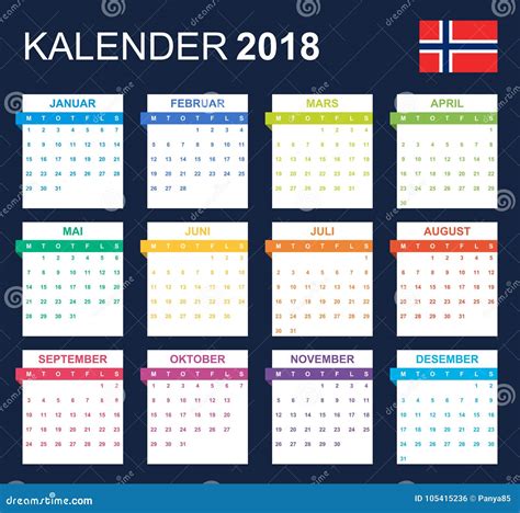 Norwegian Calendar For 2018 Scheduler Agenda Or Diary Template Stock