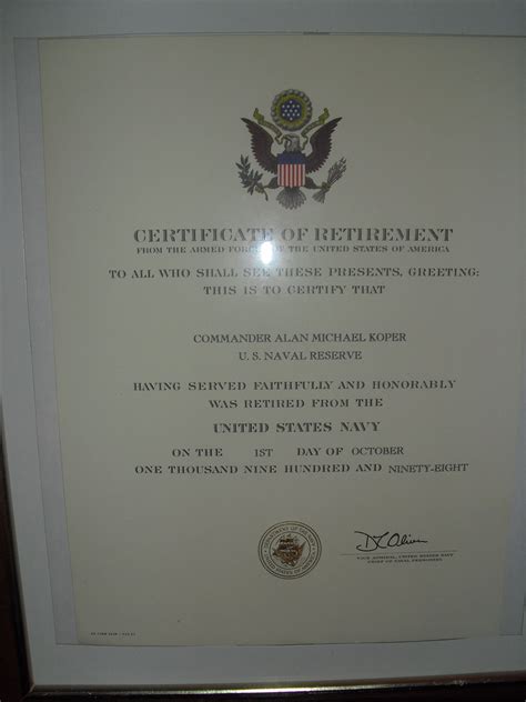 Certificate Of Retirement From Secretary Us Navy Us Navy Koper Navy