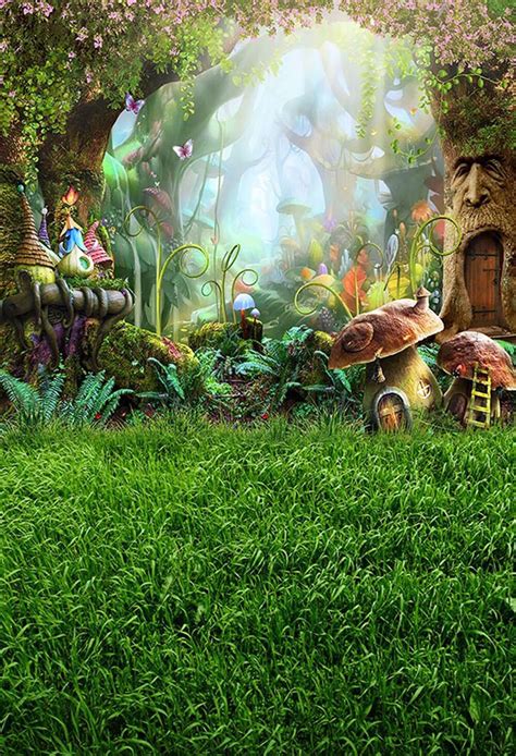 An Image Of A Forest Scene With Mushrooms And Fairy Houses In The Grass