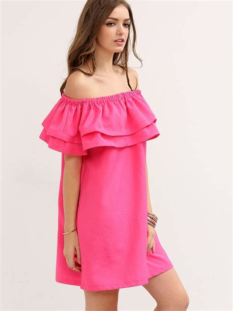 Hot Pink Off The Shoulder Ruffle Shift Dress Emmacloth Women Fast Fashion Online
