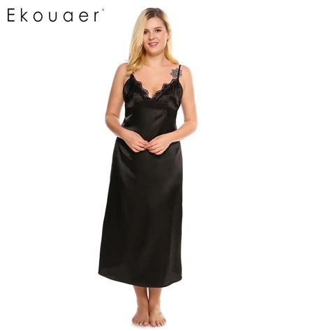 Buy Ekouaer Nightgowns Deep V Neck Long Nightwear Women Sexy Lace Trim Satin