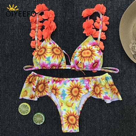 oiyeefo ruffle sunflower bikini floral brazilian biquine orange two piece swimming suit for