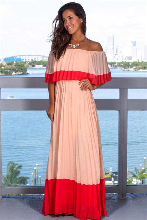 Peach Off Shoulder Pleated Maxi Dress Maxi Dresses Saved By The Dress