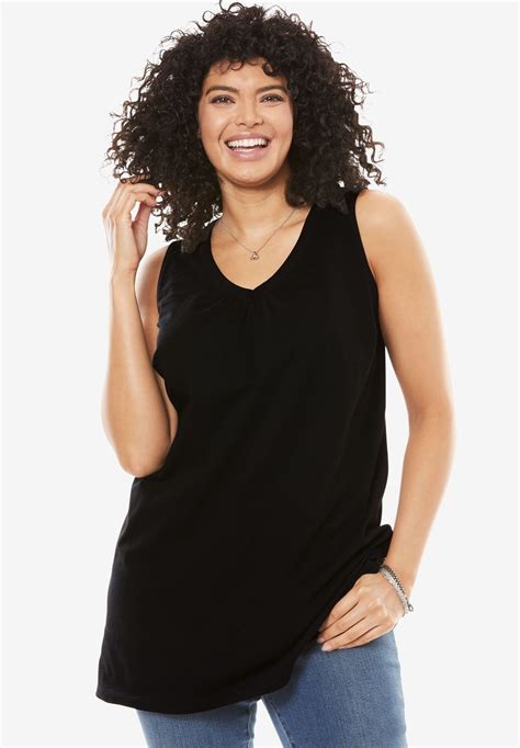 Perfect Sleeveless Shirred V Neck Tunic Plus Size Tank Tops Plus Size Women Clothes For Women