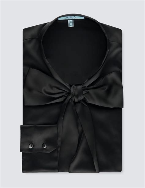 Womens Black Fitted Satin Blouse Pussy Bow Hawes And Curtis